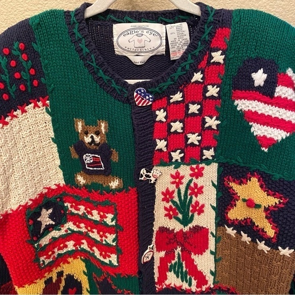 Vintage EAGLE’S EYE 1995 Hand Knit Fun Buttons & Graphic Cardigan Sweater-Large - Picture 2 of 9